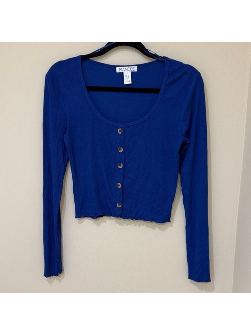 Mandee Royal Blue closed Button-Up Crop Top women’s long sleeve Size Medium NWOT